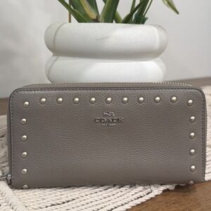 Coach Leather Accordion Zip Wallet With Studs Gray Grey Embellished Studded